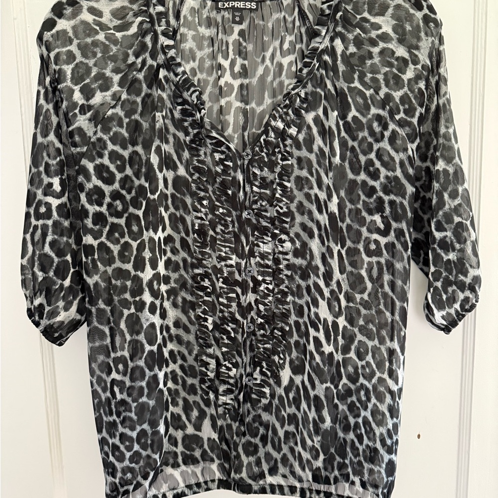 Express Black & Gray Ruffled Blouse with Notched Collar